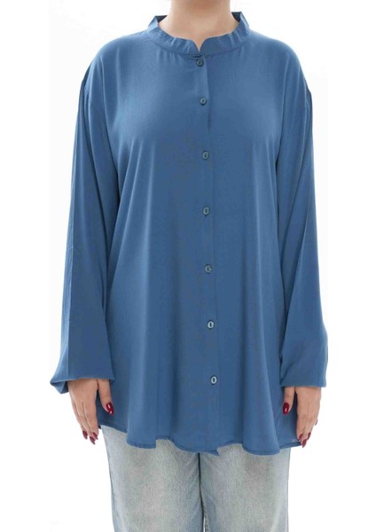 Mavi Bürümcük Kumaş Hakim Yaka Büyük Beden Kadın Gömlek
