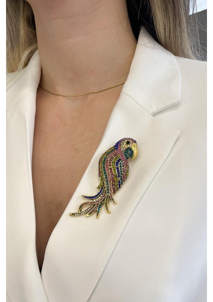 Çok Taşlı Renkli Papağan Broş (Ölçü:8 cm)