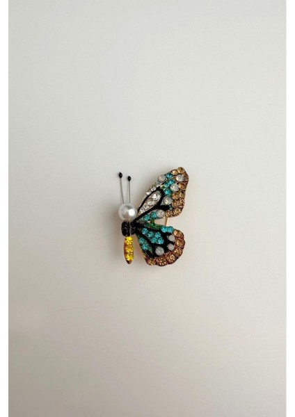 İncili Taşlı Renkli Kelebek Broş (En:3 cm Boy:4,5 cm)