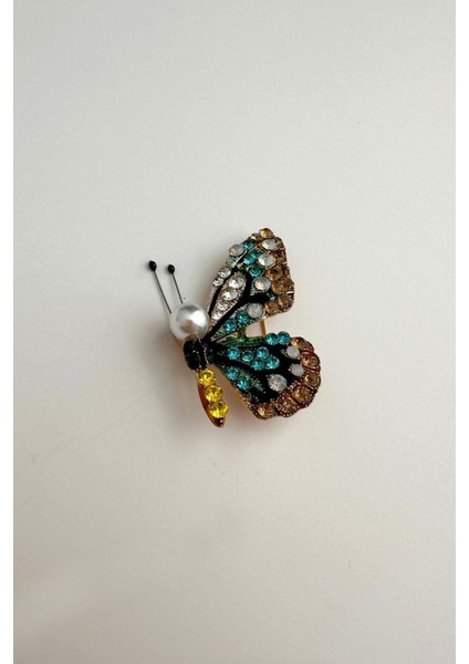 İncili Taşlı Renkli Kelebek Broş (En:3 cm Boy:4,5 cm)