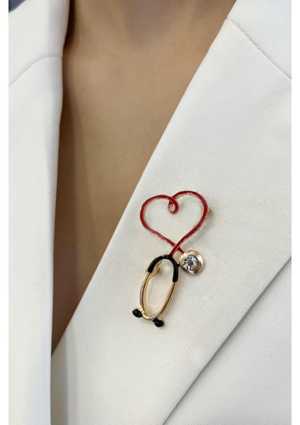 Doktor-Hemşire Kırmızı Kalp Mineli Seteskop Broş (4cm)