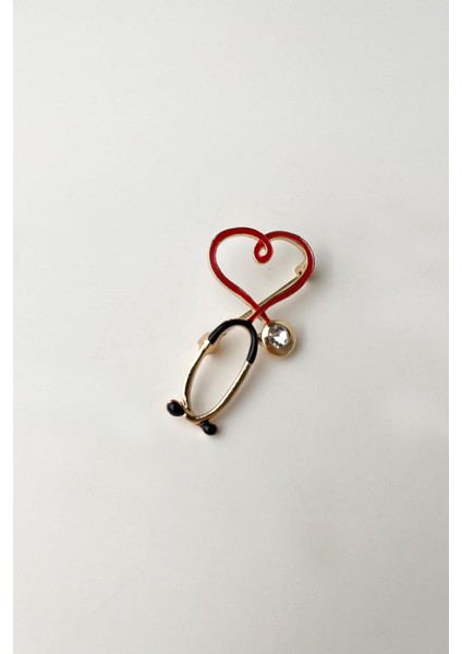 Doktor-Hemşire Kırmızı Kalp Mineli Seteskop Broş (4cm)