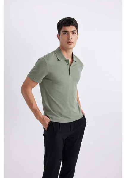 Slim Fit Polo Yaka Basic Kısa Kollu Pamuklu Tişört Parlak Yeşil