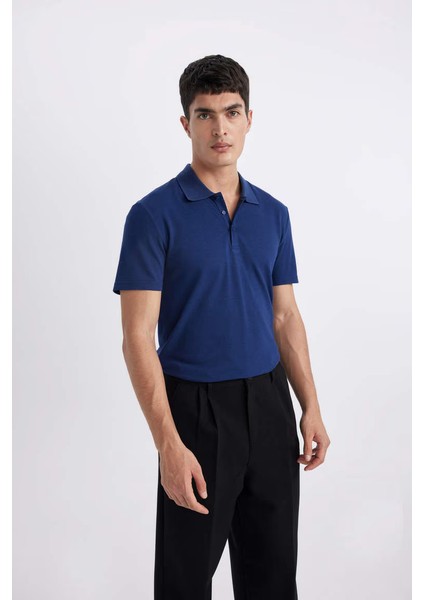 Slim Fit Polo Yaka Basic Kısa Kollu Pamuklu Tişört Çivit Mavisi