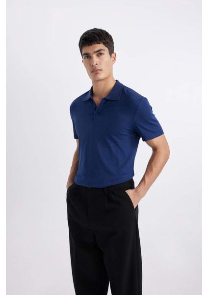 Slim Fit Polo Yaka Basic Kısa Kollu Pamuklu Tişört Çivit Mavisi