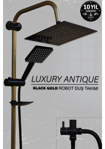 Robot Duş Seti Mat Siyah ve Mat Antik Gold Banyo Duş Takımı El ve Tepe Duş Başlığı Spiral Fıskiyesi