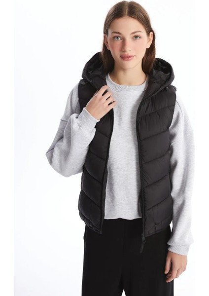 Vision yeni Siyah Kadın Kapüşonlu Düz Şişme Yelek