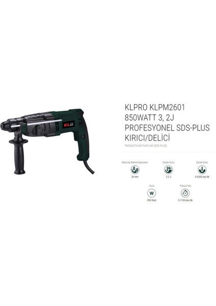 Elektrikli Klpro 850WATT 3, 2j Profesyonel Sds-Plus Kırıcı/delici (KLPM2601) 2 Yıl Sds Max 7 Üstü fiyatları