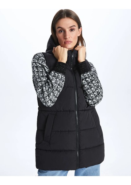 Vision yeni Siyah Kadın Kapüşonlu Düz Şişme Yelek