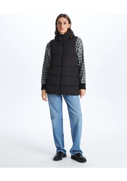 Vision yeni Siyah Kadın Kapüşonlu Düz Şişme Yelek fırsatları