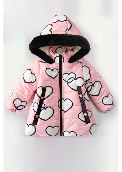 Trend Özel Sevimli Kalp Baskılı Içi Kürklü Varaklı Cepli Kapüşonlu Soft Kumaş Kışlık Mont- Kaban