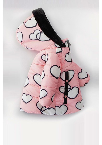 Trend Özel Sevimli Kalp Baskılı Içi Kürklü Varaklı Cepli Kapüşonlu Soft Kumaş Kışlık Mont- Kaban fiyatları