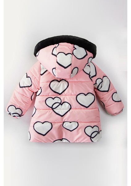 Trend Özel Sevimli Kalp Baskılı Içi Kürklü Varaklı Cepli Kapüşonlu Soft Kumaş Kışlık Mont- Kaban fırsatları