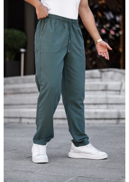 3A Moda Haki Renk Erkek Yazlık Keten Karışımı Relaxed Pantolon