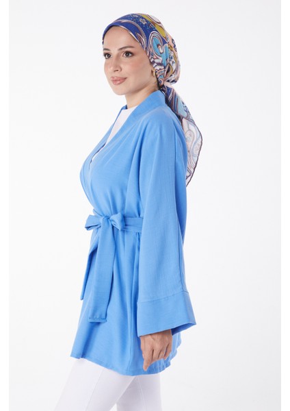 Düz Orta Kadın Mavi Kuşaklı Kimono - 26129