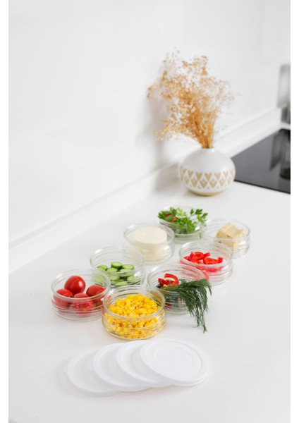 8'li Premium Cam Saklama Kabı Seti 410 cc | Beyaz Plastik Kapaklı Kahvaltılık Hava Geçirmez