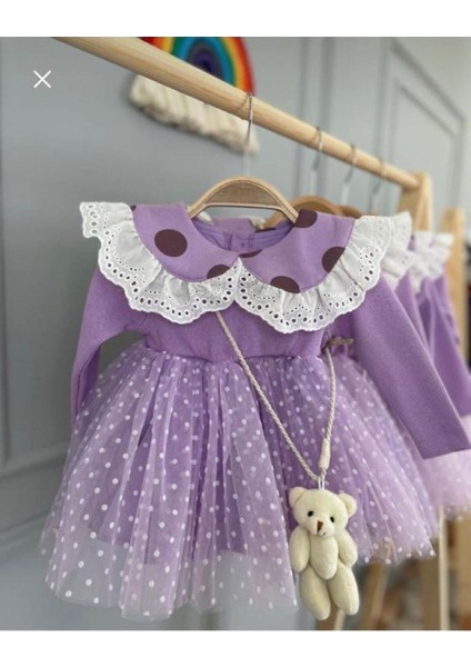 Babyaden Clarissa Puantiye Tüllü Teddy Ayıcıklı Doğum Günü Parti Mevlüt Uzun Kollu Bebek Elbise