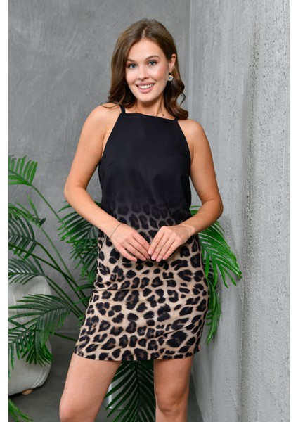 Yarı Leopar Desenli Mini Kadın Abiye Elbise 011