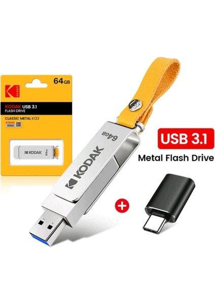 K133 64Gb Yüksek Hızlı 3.1 Usb Flash Bellek Dönüştürücü Hediye Metal Sağlam Orjinal