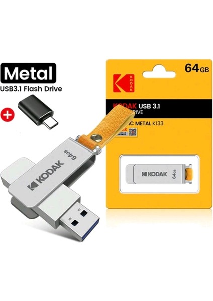 K133 64Gb Yüksek Hızlı 3.1 Usb Flash Bellek Dönüştürücü Hediye Metal Sağlam Orjinal