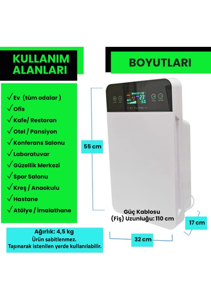 Upway Hepa Filtreli Sensörlü Anti-Alerjik Duman Formaldehyde Giderici  Kumandalı Ionizer Hava Temizleyici