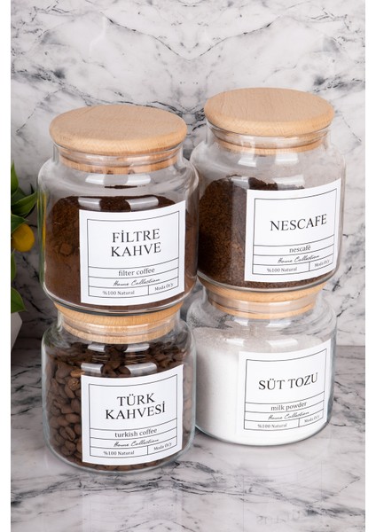 4lü 500ML Ahşap Kapaklı Filtre Kahve&türk Kahvesi&nescafe&süttozu Kavanozu Etiketli Saklama Kabı