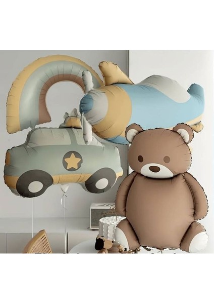 Retro Renk Ayıcık Gökkuşağı Uçak Polis Arabalı Folyo Balon Set