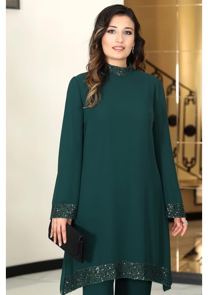 Umay Şifon Tunik Pantolon Ikili Tesettür Takım Zümrüt