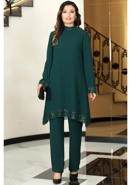 Umay Şifon Tunik Pantolon Ikili Tesettür Takım Zümrüt