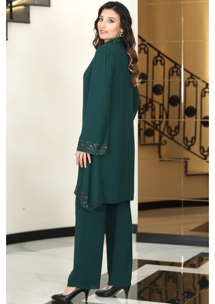 Umay Şifon Tunik Pantolon Ikili Tesettür Takım Zümrüt modelleri