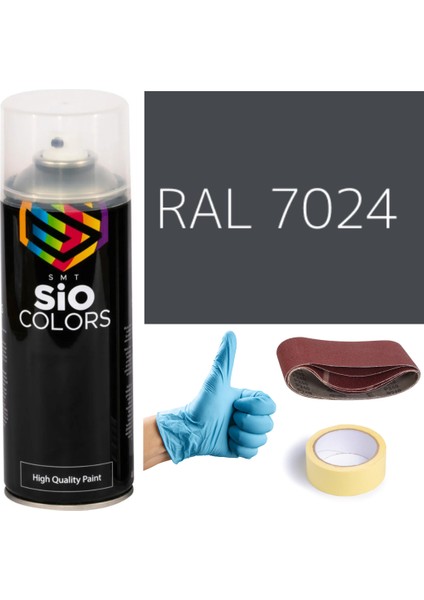 Akrilik Sprey Boya Gri RAL-7024 Boya Seti 400ML +Zımpara+Kağıt Bant+Eldiven
