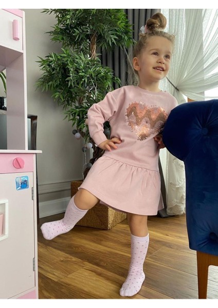 Babyaden Kalp Şekil Pullu Uzun Kollu Orijinal Kız Çocuk Sweat Elbise