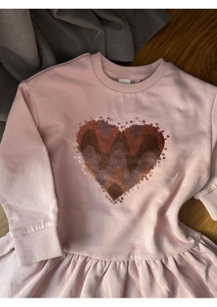 Babyaden Kalp Şekil Pullu Uzun Kollu Orijinal Kız Çocuk Sweat Elbise