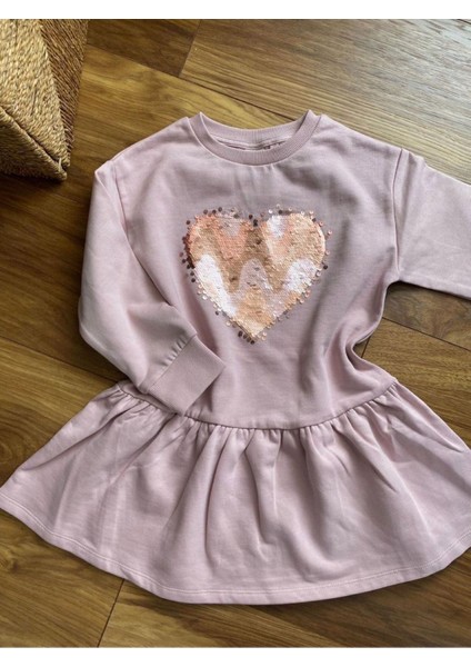 Babyaden Kalp Şekil Pullu Uzun Kollu Orijinal Kız Çocuk Sweat Elbise