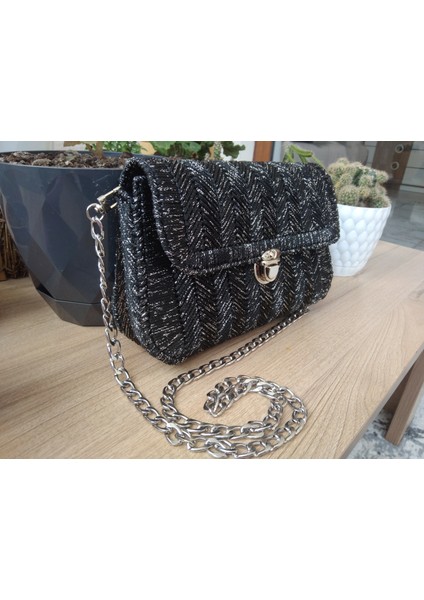 Siyah Renkli El Yapımı Kanvas Makrome Zincir Askılı Çanta (24X14 Cm)(Handmade)