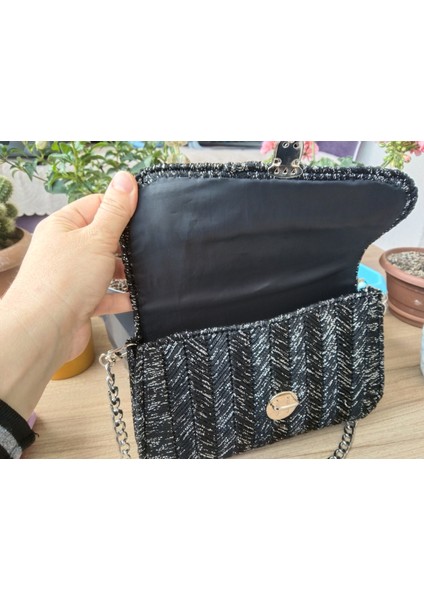 Siyah Renkli El Yapımı Kanvas Makrome Zincir Askılı Çanta (24X14 Cm)(Handmade)