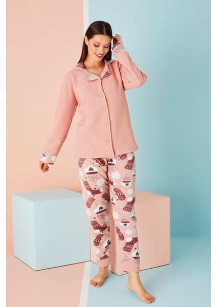 Kadın Kışlık Welsoft Peluş Polar Düğmeli Pijama Takımı