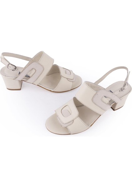 Modern Rahat Orjinal Topuklu Deri Sandalet Bej 49 fiyatları