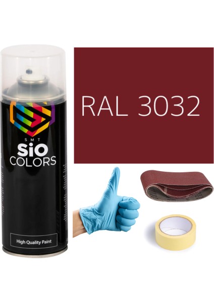 Akrilik Sprey Boya Kırmızı RAL-3032 Boya Seti 400ML +Zımpara+Kağıt Bant+Eldiven
