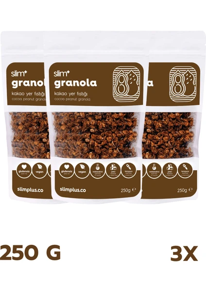 3 Paket Kakao Yer Fıstığı Glutensiz Ilave Şekersiz Vegan Granola 250gr