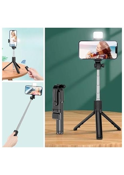 ® Kendiliğinden Işıklı Masaüstü Tripod Olabilen Telefon Tutuculu Kablosuz Kumandalı Selfie Çubuğu