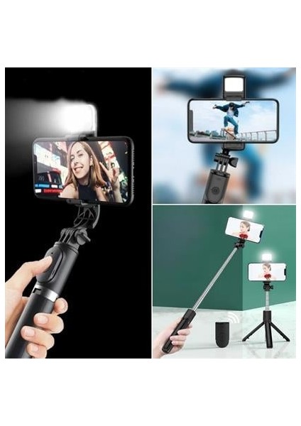 ® Kendiliğinden Işıklı Masaüstü Tripod Olabilen Telefon Tutuculu Kablosuz Kumandalı Selfie Çubuğu