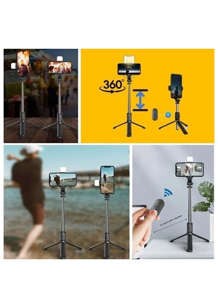 ® Kendiliğinden Işıklı Masaüstü Tripod Olabilen Telefon Tutuculu Kablosuz Kumandalı Selfie Çubuğu