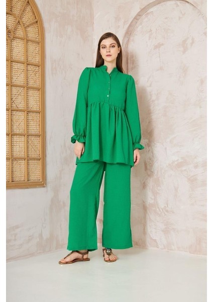 Kadın Benetton Gofre Balon Kol Büzgülü Tunik / Beli Lastikli Cepli Pantolon Tesettür Takım 3531360