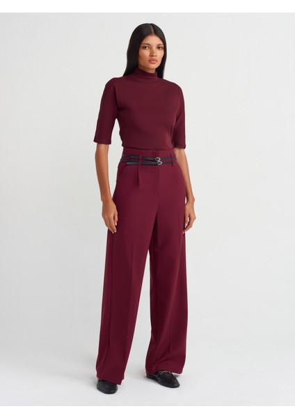 71526 Kemerli Yüksek Bel Pantolon-Bordo