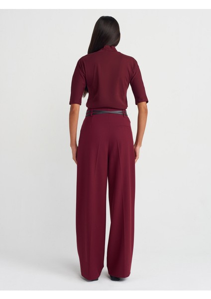 71526 Kemerli Yüksek Bel Pantolon-Bordo fiyatları
