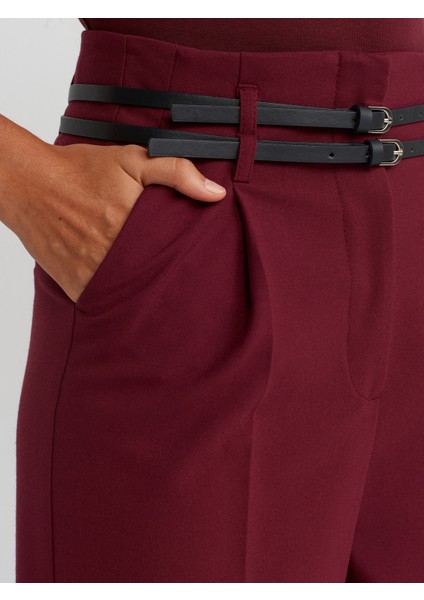 71526 Kemerli Yüksek Bel Pantolon-Bordo fırsatları