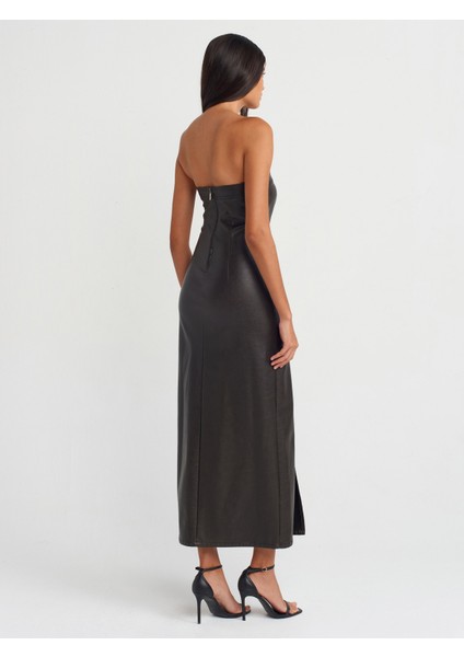 90813 Dikiş Detaylı Straplez Suni Deri Elbise-Kahve fiyatları