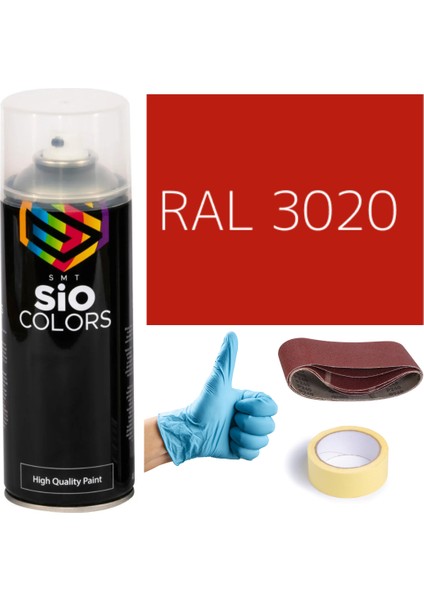 Akrilik Sprey Boya Kırmızı RAL-3020 Boya Seti 400ML +Zımpara+Kağıt Bant+Eldiven