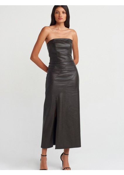 90813 Dikiş Detaylı Straplez Suni Deri Elbise-Kahve modelleri